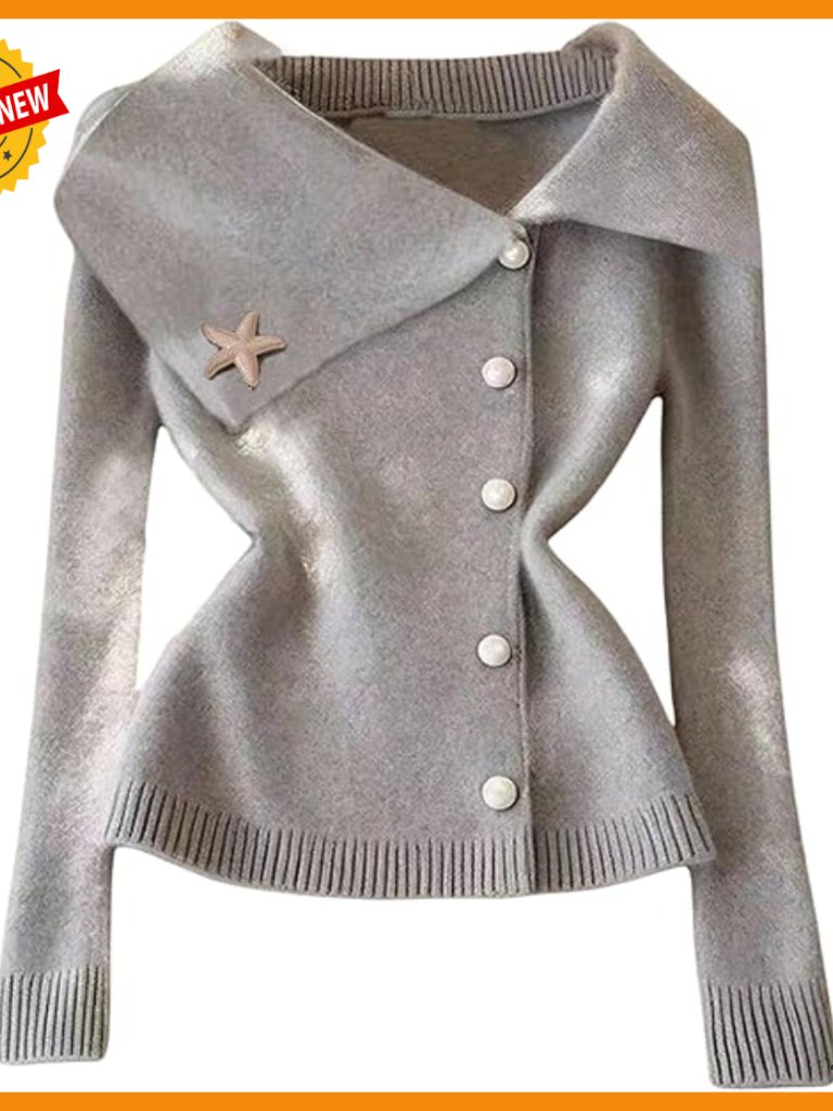 Long Sleeve Cardigan Sweater With Pearl Beaded Collar, Business Button Down